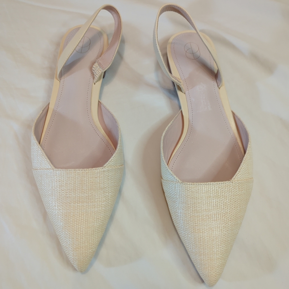 Porte & Paire Leather-trimmed Raffia Slingback Point-toe Flats Cream Size 10.5